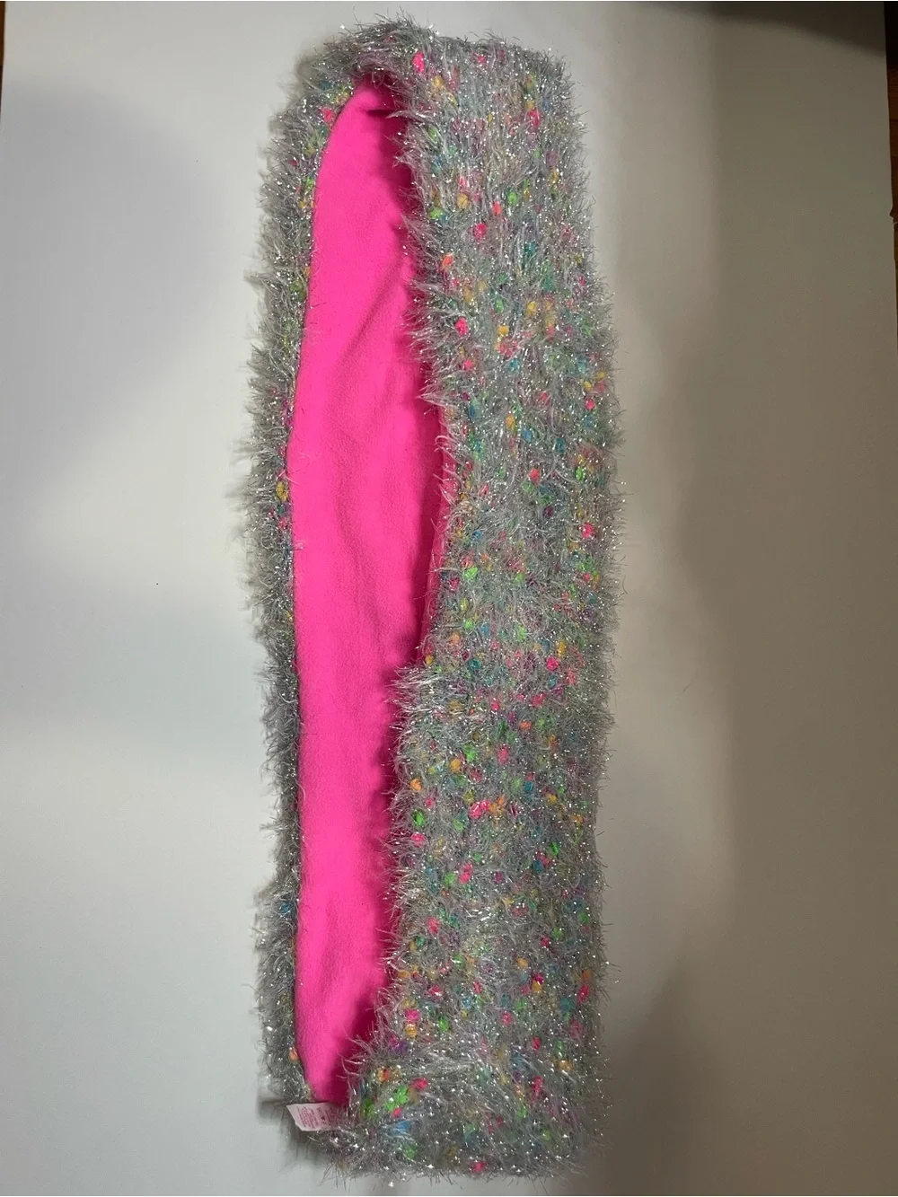 Justice Fuzzy Sparkly Scarf with Bright Pink Lining and Multicolor Accents